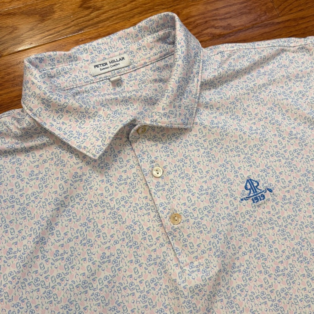 Peter Millar Rolling Road Golf Club Polo Shirt Mens XL Drinks Alcohol Print AOP